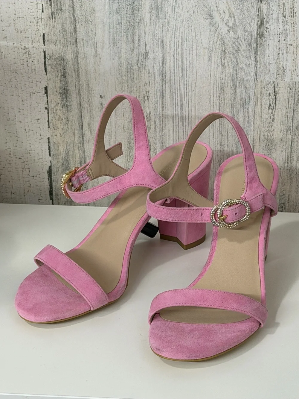 Stuart Weitzman Crystal Buckle 75 Block Heel Sandal Size 9